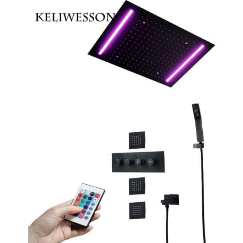 Ceiling Mounted LED Shower Head Brass Shower Faucets Thermostatic Valve Rainfall Shower Set Bathroom Black Style Showers