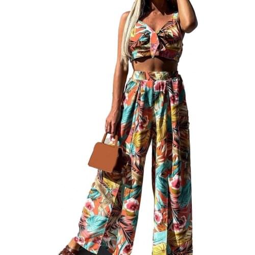 Print Boho Pant Suits Summer Women 2 Piece Sets Spaghetti Strap Crop Tops Split Wide Leg Pant 2021 Sexy Beach Vacation Outfits