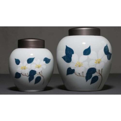 Hand Painted Camellia Sealed Tea Caddy Ceramic Jar Kung Fu Tea Storage Container Chinese Tea Caddies Box Organizer Food Canister