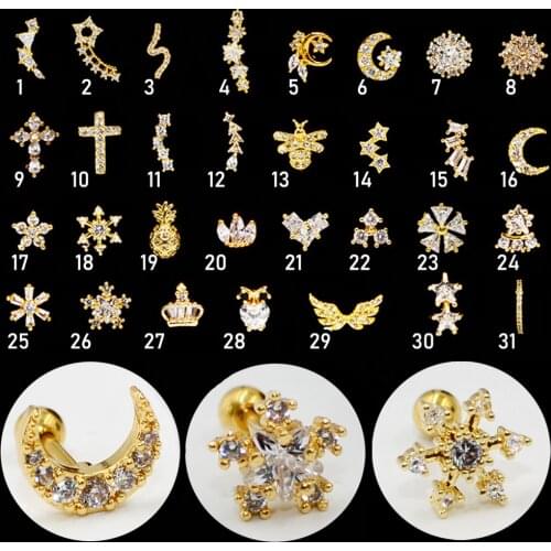1PC Gold Zircon Ear Tragus Cartilage Stud Helix Rook Conch Screw Back Earring 20g Stainless Steel Ear New Body Piercing Jewelry