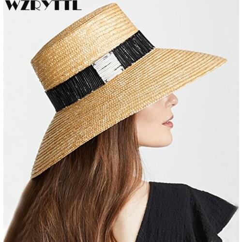 Natural Floppy Women Summer Hat Ladies Sun Hat Woven Wide Brim Hat with Textured Black White Band Beach Hat Derby Straw Fedoras