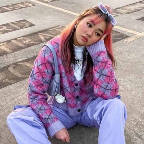 Argyle Cardigan Fuzzy Knit V-Neck Button-Up Consumer Cardigan Sweater Women Harajuku Aesthetic Girl Y2K Streetwear