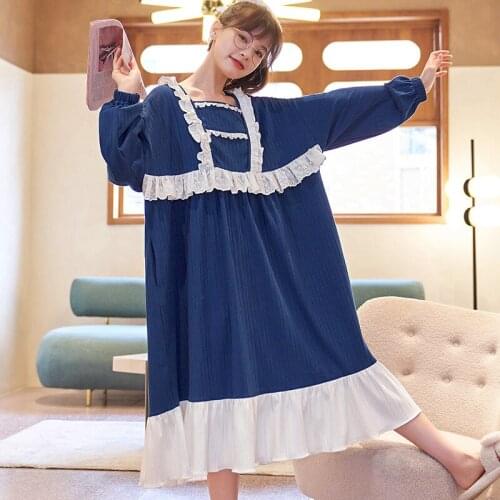 Spring And Autumn Knitted Cotton Sleepwear Women Nightgown Long Sleeve Female Nightdress Loose Plus Size M-3XL Girls Nightwear