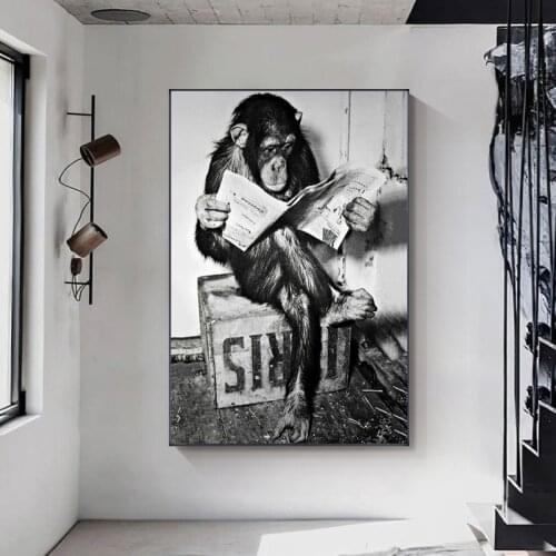 Funny Monkey Canvas Painting Reading Newspaper Posters and Prints Abstract Modern Wall Art Pictures for Living Room Home Decor