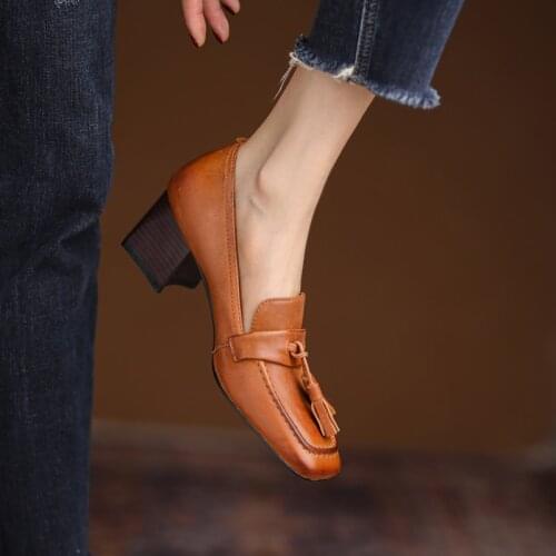 MORDOAN genuine cow leather loafers retro womens shoes mid-heel square toe ladies casual shoes Oxford shoes womens shoes 616