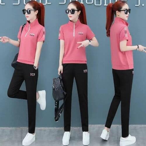 Spring Summer 2021 Women Fashion Two Piece Outfits Stand-up Collar Short Sleeve Casual Pants Sets Plus Size Clothes