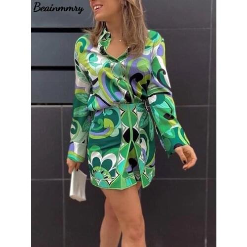 2021 Za Summer Women Red Print Long Sleeve Blouses Top Shirts And Mini Shorts Set Y2K Casual Three Piece Sets Party Sexy Outfits