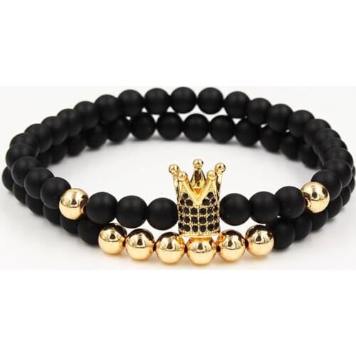 2 Pcs/set Fashion Stone Bead Crown Bracelet Men Charm Strand Bracelet Handmade Men Wristband Jewelry Gifts