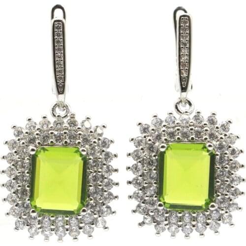 36x19mm Special Created Rectangle Green Peridot White CZ Gift For Womans Silver Earrings