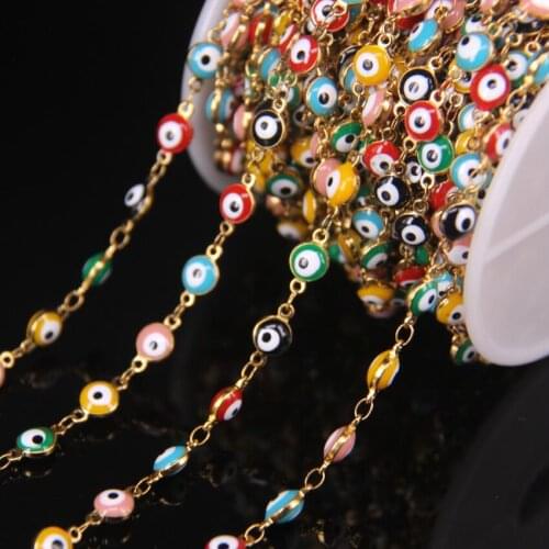 5Meter/Lot 6mm Colourful Enamel Plated Golden Rosary Chain Evil Eye Bead,Lampwork Glass Coin Copper Chain,DIY Bracelet Findings