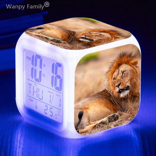 King of beasts Lion Alarm Clock 7 Color Luminous LED Clock For Kids Birthday Gift Multifunction Desktop Digital Alarm Clock