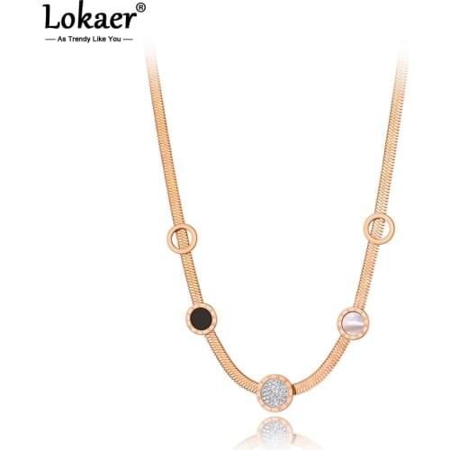 Lokaer Original Design Stainless Steel Roman Numerals Charm Necklace Bohemia CZ Crystal Pendant Snake Chain For Women N20264