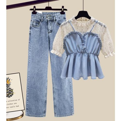 Two-piece Plus Size Womens 2021 Summer New Fake Two-piece Short-sleeved T-shirt High-waist Jeans Suit Womens Sportswear