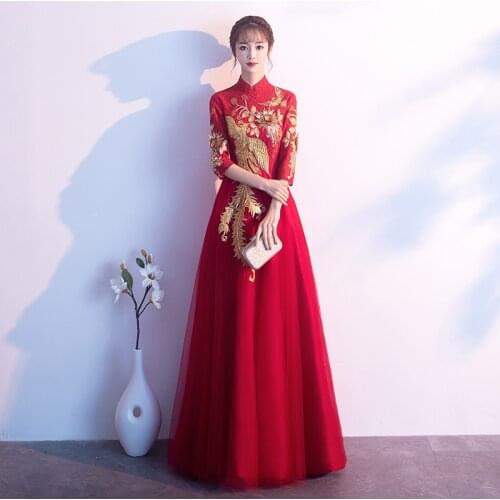 Chinese Bride Wedding Cheongsam Dress Long Women Vintage Qipao Embroidery Phoenix Evening Prom Gown Elegant Vestido De Mujer