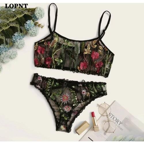 LOPNT Fashion bra set Womens sexy Embroidery lingerie Wire free transparent lingerie Embroidered Mesh Sheer Lingerie Set bh