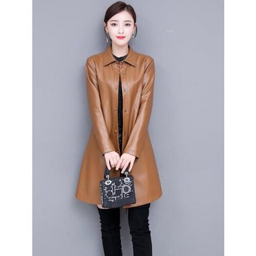 Women Soft Pu Leather Long Jacket New Arrival Ladies Faux Sheepskin Single Breasted Coat Plus Size Female Outerwear Clothing