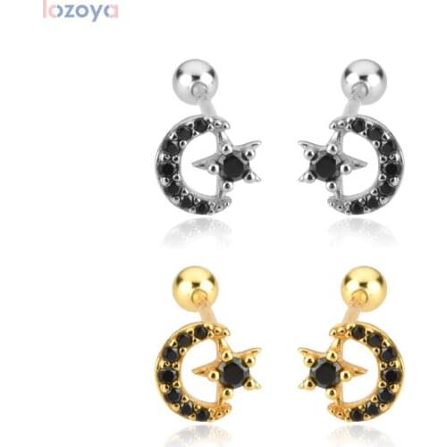 LOZOYA 925 Sterling Silver Gift Wedding Rock Gold Black Zircon Stud Earring Star Moon Ting Fine Jewelry Punk Clips Rock Punk