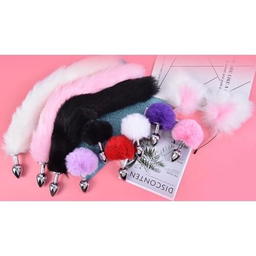 Metal Anal Plug Cute Plush Ear Headbands With Fox Rabbit Tail Anal Plug Erotic Cosplay Accessories Adult Sex Toys сексигрушки