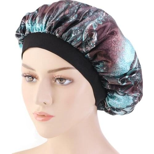 Muslim New Hot Fashion Women Comfortable Wide Band Satin Elastic Bonnet Hair Cap Ladies Turban Night Sleep Hat Hair Chemo Cap