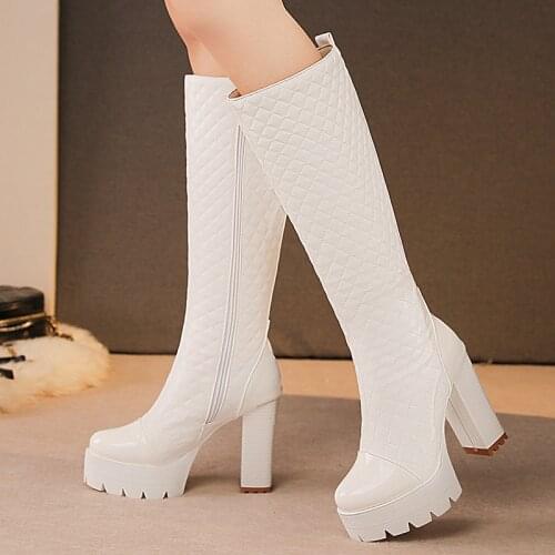 2020 New Platform Women Boots Knee High Boots Square Heels Fashion Round Toe Rubber Sole Woman Leather Shoes Winter white