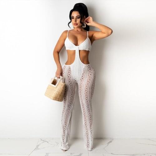 Solid Lace Splice Night Club Party Overall Women Sexy Spaghetti Strap Hollow Out Flare Jumpsuit Summer Beachwear Holiday Outfit