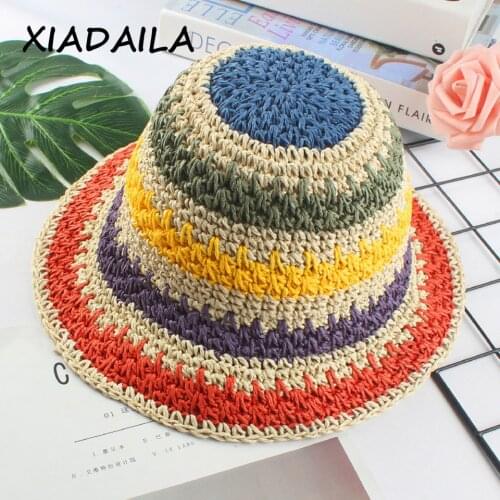 2020 summer Womens bucket hat Straw made rainbow Crochet foldable parent-child Panama hat children female beach sun visor Cap