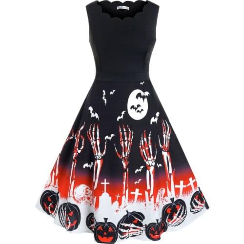 Plus Size Halloween Skull Pumpkin Pattern Scalloped Dress