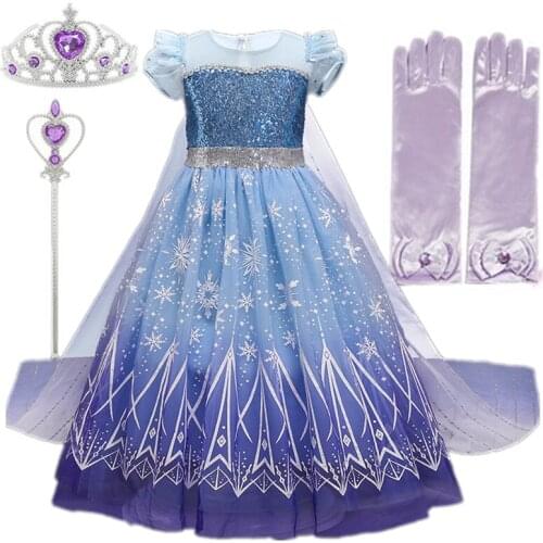 Elsa Princess Cosplay Princess Dress Up For Girls Sequined Lace Cloak Tulle Costume For Kids Puff Sleeve Long Dress For Children