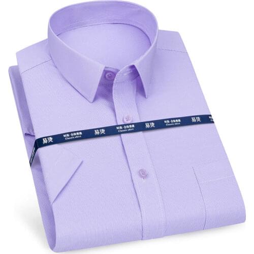 Mens Business Casual Short Sleeve Shirt Classic Plaid Striped Checked Male Social Dress Shirts Purple Blue 5XL Plus Large Size
