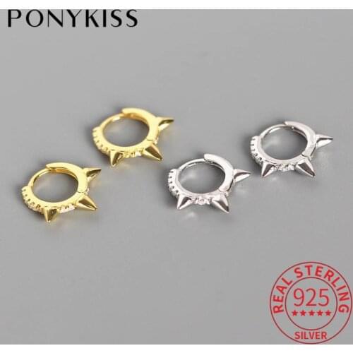 PONYKISS Real 925 Sterling Silver Rivet Zircon Hoop Earrings Punk Fashion Geometric Earrings Accessory Women Party Chic Gift