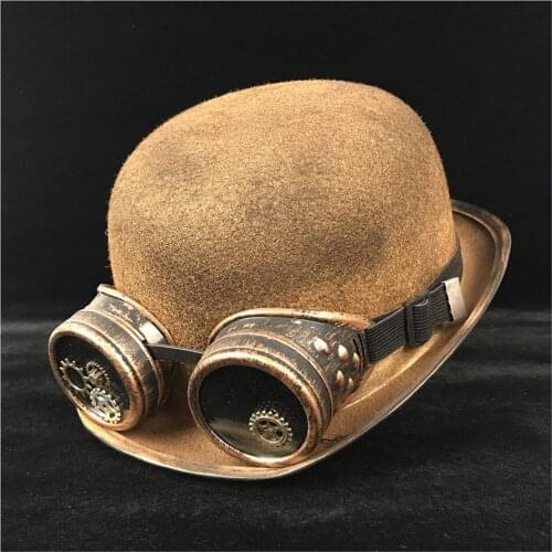 Women Men Steampunk Bowler Hat Handmade Steampnk Gear Glasses Cosplay Gold Billycock Groom Hats