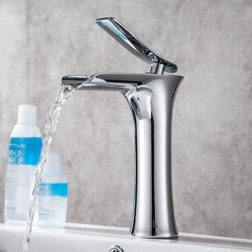 Modern Basin Faucet Bathroom Waterfall Tap Copper Single Hole Cold and Hot Water Faucet Basin Faucet Mixer Tap Sink Water Crane