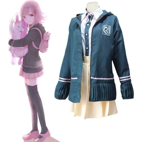 Super Danganronpa 2 Cosplay Chiaki Nanami School Uniforms Costumes Dangan Ronpa Full Set Game Outfit(Coat&Shirt&Skirt&Tie)