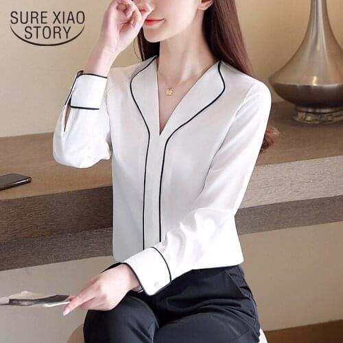 Women Shirts Womens Tops and Blouses V-neck Solid White Long Sleeve Shirt Panelled Pullover OL Blusas Mujer De Moda 8394 50