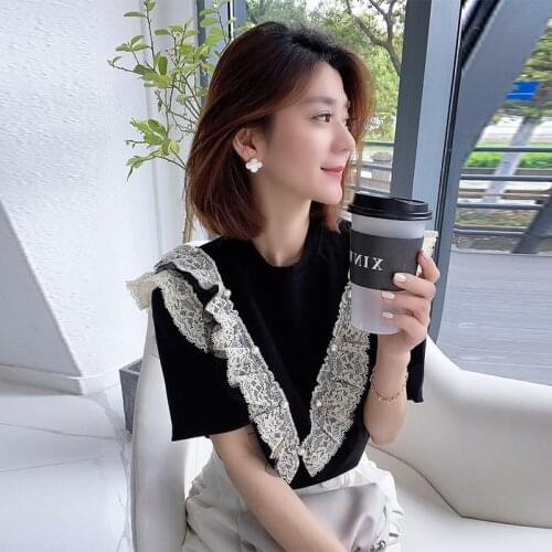 Black Ruffle Top Korean style short sleeve T-shirt womens fashion Europe station 2021 summer new European fashion