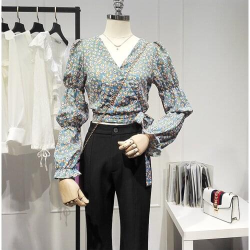 Womens Spring Autumn Runway Fashion Long Sleeve Flower Print Shirt Female V Neck Casual Slim Blouse Tees Tops TB1657