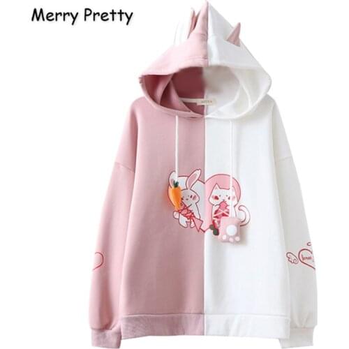 Merry Pretty Women Cartoon Print Patchwork Hoodies Sweatshirts With Ears On Hood 2020 Winter Plus Velvet Hooded Pullovers