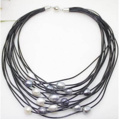 17'' 43cm Women Jewelry 9mm white black gray oval pearl pendant Multi-layer black Leather rope necklace Natural freshwater pearl