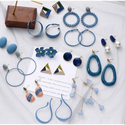 30pairs/lot MIX blue round Retro simple literary personality trend new acrylic earring metal geometry temperament earrings