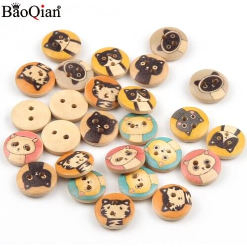50Pcs 15mm lovely Cat Pattern Wood Button 2Hole Round Wooden Buttons For Crafts Scrapbook Clothing Decoration Sewing Accessory