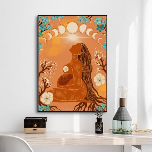 Abstract Long-Haired Pregnant Woman Canvas Painting for Living Room Boho Poster Flower Moon Wall Art Pictures Interior Decor