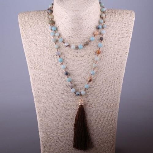Free Ship Blue Green Amazonite Stones Rosary Chain Knotted Long Tassel Necklace Handmade Women Bohemian Jewelry
