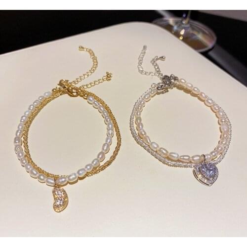 Origin Summer Elegant Irregular Freshwater Pearls Bracelet for Women Gold Silver Shiny Starburst Zircon Peanut Heart Bracelets