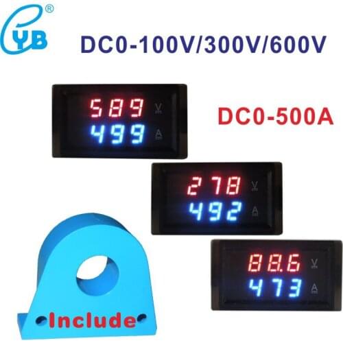 DC 500A Hall Sensor Transformer Voltage Ammeter Voltmeter Volt Panel Meter DC 100V 300V 600V LED Digital Voltage Current Meter