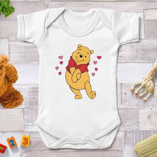 Pooh Winnie Red Love Printed Cartoon Baby Clothes Newborn Summer White Jumpsuits Harajuku Baby Clothes Bebe Bodysuits 0-24M