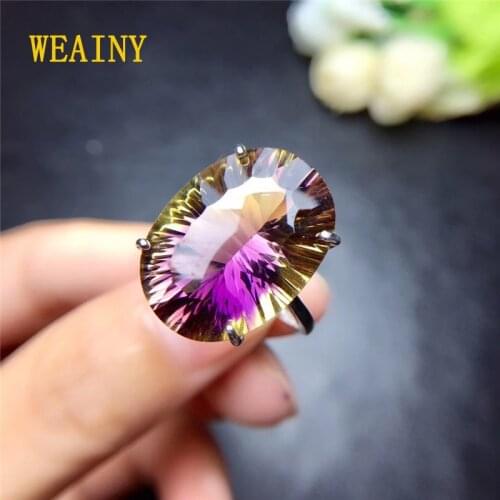WEAINY 15*20 mm Natural Ametrine Ring Genuine S925 Sterling Silver Simple Amethyst Ring Super Super Shiny