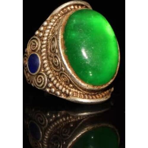 Collection Chinese old Tibetan silver cloisonne inlaid greenstone jade Male lady ring