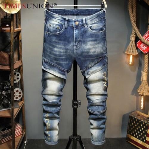 Korean Edition Trendy Mens Jeans Punk Retro Stretch Chinos Blue Jeans Personalized Patchwork Stacked Jeans Printed Original Pant
