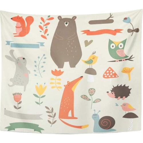 Colorful Bear Forest with Cute Animals Mushrooms Birds Flowers and Ribbons in Cartoon Style Squirrel Tapestry Home Decor Wall