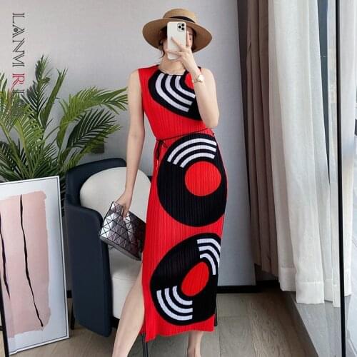 LANMREM 2021 Summer Printing Dress For Women Round Neck Sleeveless Slim Split Side Long Dresses Female Elegant 2D3764
